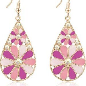 Pink Bohemian Retro Teardrop Dangle Drop Earrings Colorful Unique Shape